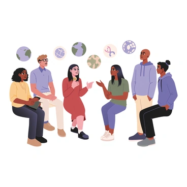 A digital flat illustration featuring a diverse group of five individuals engaged in a discussion. On the left, a woman with curly black hair and brown skin is wearing a bright yellow blouse and glasses. Next to her, a man with short straight black hair and light brown skin is dressed in a blue shirt and black pants. In the center, a woman with long straight dark hair and medium skin is wearing a red dress. To her right, a man with short curly brown hair and light skin is in a green sweater and jeans. Lastly, a person with shaved head and dark skin is dressed in a purple hoodie and beige shorts. Above the group, there are symbols representing various cultures, including a globe, a peace sign, and traditional patterns. The individuals are animatedly gesturing as they exchange ideas.