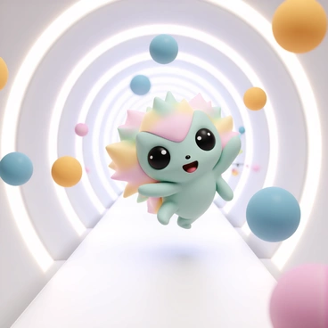 A small, cute alien pet with big, round eyes and fluffy, multicolored fur. The pet is floating playfully in a zero-gravity room, surrounded by various colorful floating toys. Its tiny paws are reaching out to grab a shiny, spherical toy, while its playful expression shows excitement. The walls of the room are smooth and metallic with soft, glowing lights, creating a whimsical atmosphere. The pet's fur gently sways as it moves, adding to the sense of weightlessness in the scene.