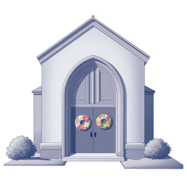 A church building with a large, arched entrance. The doors are adorned with "colorful wreaths," each crafted from various seasonal materials, including dried flowers and foliage. The wreaths are symmetrical in design and vary in size. The stone exterior of the church contrasts with the vibrant decorations. The surrounding area features a manicured lawn and small shrubs, framing the entrance.