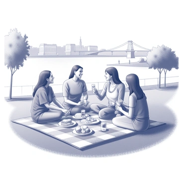 A group of five friends seated on a checkered picnic blanket spread across the grassy banks of the Seine River. They are surrounded by a variety of picnic foods, including sandwiches, fruit, and drinks in glasses. The friends are engaged in conversation and laughter, showcasing their enjoyment of the moment. In the background, the Seine River flows gently, reflecting the outline of the city skyline, including notable architectural features like bridges and buildings. A few trees provide shade nearby, and there are distant figures strolling along the riverbank.