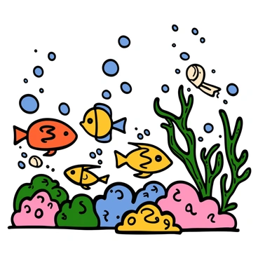 A vibrant underwater scene filled with various colorful fish swimming among intricate coral formations. The fish display a variety of shapes and sizes, showcasing bright colors like orange, blue, and yellow. Bubbles rise gently to the surface, creating a dynamic sense of movement within the water. The coral comes in multiple forms, with some branching out and others forming soft mounds, each detailed with patterns and textures. The overall composition captures the lively essence of an underwater ecosystem.
