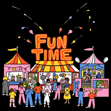 A vibrant carnival scene filled with colorful attractions and an excited crowd. In the foreground, bright neon lights spell out the words "Fun Time" in an illustrated font, glowing prominently against the night sky. Around the neon sign, various carnival games and food stalls can be seen, with people enjoying cotton candy and playing games. Brightly colored flags and streamers flutter above, adding to the festive atmosphere. The scene is lively and bustling, capturing the excitement of a night at the carnival.