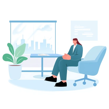 A job candidate is sitting on a modern chair in a corporate interview room. The candidate is wearing a formal outfit and has their hands clasped in their lap. The background features a sleek conference table with a few documents neatly arranged on top. A large window reveals a view of a city skyline, with soft light filtering through the glass. A potted plant adds a touch of greenery to the otherwise minimalist decor of the room.