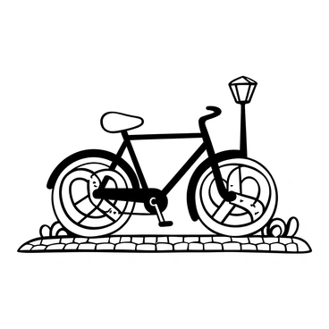 A bicycle with a sleek frame, featuring large, round pretzel-shaped wheels. Each wheel is intricately detailed, resembling classic pretzels with twists and knots. The handlebars are positioned at a comfortable height, and the seat is cushioned for a smooth ride. The bicycle stands on a cobblestone path, with a few scattered leaves around it. The background showcases a simple street lamp and a distant tree, adding to the scene's charm.