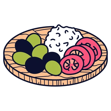 A round wooden plate is filled with assorted olives in dark green and black hues. Next to the olives sits a mound of crumbly white feta cheese, neatly placed. There are several slices of bright red tomatoes arranged beside the cheese, showcasing their vibrant color. The plate rests on a rustic wooden table that features a textured surface and natural wood grain.
