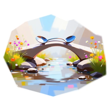 A charming bridge constructed entirely of silver spoons, arched gracefully over a gently flowing river. The spoons are intricately arranged, their handles interlocking to form a sturdy yet whimsical structure. Below the bridge, the river features clear, rippling water reflecting the sunlight. On either side of the riverbank, lush green grass and colorful wildflowers create a vibrant scene, enhancing the whimsical feel of the setting. A few small pebbles are scattered along the riverbed, visible through the transparent water, adding detail to the tranquil landscape.