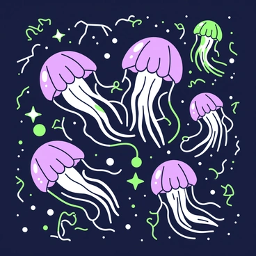A scene depicts jellyfish gracefully floating in deep water, illuminated by flashes of lightning. The jellyfish have long, flowing tentacles that billow around them, creating a sense of movement. Surrounding the jellyfish, the ocean is filled with swirling currents and bubbles, adding to the dynamic atmosphere of the underwater storm. Occasional bright flashes of light briefly illuminate the dark water, highlighting the ethereal forms of the jellyfish against the turbulent background. Overall, the scene conveys a mesmerizing interaction between the creatures and the natural forces surrounding them.