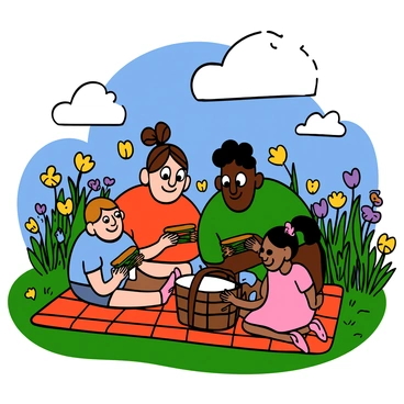 A family with varying skin tones is sitting on a red-checkered blanket in a sunny meadow. The meadow is filled with colorful wildflowers in shades of yellow, purple, and blue. The parents, a light-skinned woman with big eyes and long brown hair tied in a braid, and a dark-skinned man with big eyes and short curly hair, are smiling as they share sandwiches. Two children, one with light skin and big eyes wearing a blue t-shirt and the other with medium skin and big eyes wearing a pink dress, are playing nearby among the flowers. A picnic basket is placed next to the blanket, and the sky above is bright blue with a few fluffy white clouds.