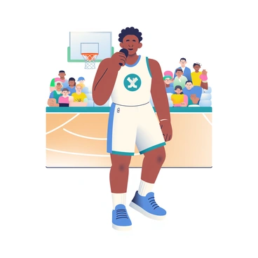 A basketball player with dark skin and short curly hair is standing on the court after a game. He is wearing a white team jersey with a blue logo and matching shorts. In his right hand, he is holding a black microphone close to his mouth as he speaks. The court has a wooden floor with white lines marking the boundaries, and a basketball hoop is visible in the background. A few fans are seen in the stands, showing their support with colorful team banners. The player has a focused expression, reflecting on the game performance.