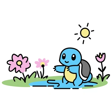 A Squirtle, a small turtle-like creature with a blue shell, is happily frolicking in a blooming spring meadow. The meadow is filled with various rare wildflowers in vibrant colors, gently swaying in the breeze. The grass is lush and green, and the sun is shining brightly overhead, illuminating the scene. The Squirtle is playfully splashing in a small puddle of water nearby, adding a sense of joy to the tranquil environment.
