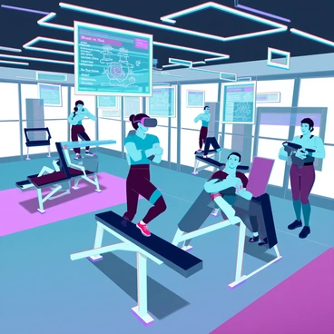 A sleek, modern gym filled with advanced equipment and interactive screens. In the center, a cable crossover machine is prominently displayed, equipped with holographic interfaces projecting exercise instructions in mid-air. A user wearing a virtual reality headset is positioned at the machine, focused on the virtual guidance displayed. The gym features shiny metallic surfaces and a high-tech ambiance, illuminated by soft blue and white lights. Various fitness enthusiasts are engaged in different exercises around the gym, with digital tracking systems visible on their wristbands, enhancing their workout experience.