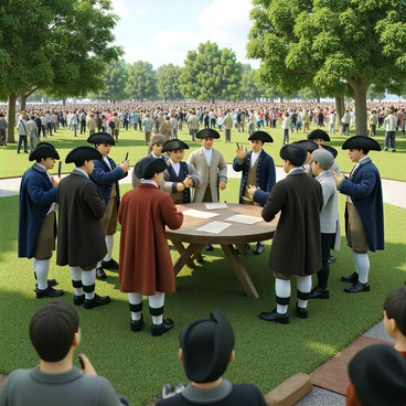 A group of actors dressed in 18th-century period costumes, including tricorn hats and waistcoats, gathered on a grassy area in a park. They are reenacting the Constitutional Convention, standing around a wooden table with quill pens and parchment papers spread out. The actors are engaged in animated discussion, some gesturing expressively while others listen intently. Spectators of various ages form a crowd around them, looking on with interest. The scene captures the historical atmosphere with trees and a clear sky in the background, adding to the park's setting.