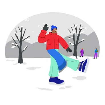 A person bundled up in colorful winter clothes, including a bright red puffy jacket and a knitted blue beanie, is performing calf raises in a snowy park. The snow surrounds them, blanketing the ground in white, while snowflakes gently fall from the gray sky above. Nearby, there are bare trees with branches dusted in snow. The person stands on tiptoes, lifting their heels off the ground, with a focused expression on their face. In the background, there are a few distant figures walking, adding to the lively winter park scene.
