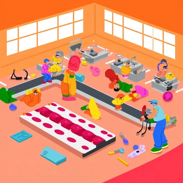 A red blood cell factory inside a bone marrow setting with a spacious interior filled with intricate machinery. The walls are textured and have a warm, earthy color tone. Various workers, depicted as small, cartoonish cells, are busy assembling red blood cells with bright colors and cheerful expressions. Conveyor belts carry shiny red blood cells that are perfectly round and glossy. Above, there are large windows allowing light to pour in, illuminating the lively activity within the factory. Tools and equipment are scattered around, showcasing the process of blood cell production.