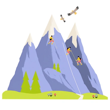 A pop-up illustration featuring a dramatic mountain scene with steep, rugged peaks capped in white snow. Several climbers, dressed in colorful outdoor gear, are depicted ascending the rocky cliffs, using ropes and climbing equipment. Above them, two eagles soar gracefully in the bright blue sky, their wings spread wide. The foreground includes green pine trees and patches of wildflowers, adding vibrant colors to the landscape. A small, winding trail can be seen leading up the mountain, enhancing the sense of adventure.