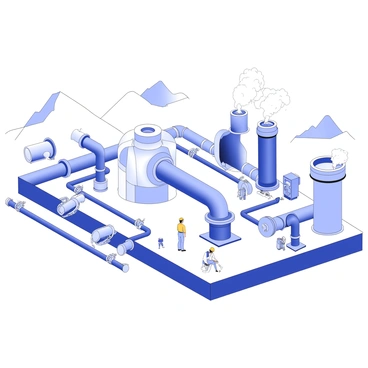 A geothermal energy plant is depicted with a complex network of heat exchangers prominently featured. The facility includes large cylindrical structures that contain pipes and valves, designed for transferring heat. Surrounding the central plant, there are several interconnected pipelines leading to various heat exchanger units, showcasing an intricate layout. Steam rises from the ground, indicating the geothermal process. In the background, there are hills, hinting at the natural geothermal sources. The scene is bustling with activity, as workers in safety gear are seen inspecting the equipment and monitoring the systems.