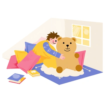 A child curled up in a cozy corner of a room, resting comfortably on a soft, fluffy rug. The child has tousled brown hair and is wearing colorful pajamas. In their arms, they hold a large, cuddly teddy bear with a friendly smile and stitched features. The corner is filled with plush cushions in pastel colors, and a warm, golden light filters in from a nearby window, casting gentle shadows. A few picture books are scattered on the floor, adding to the inviting atmosphere of the scene.
