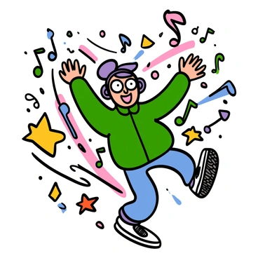 A cartoon character with bright purple hair and big eyes is dancing energetically to the beat in a colorful mobile music rhythm game. The character is wearing a stylish outfit featuring a neon green jacket, white sneakers, and headphones. Around the character, the background is filled with dynamic music notes and vibrant geometric shapes that pulse with rhythm. The character is in a lively pose, one leg raised, with arms in motion, capturing the excitement of the game. Bright lights and colors illuminate the scene, emphasizing the energetic atmosphere.