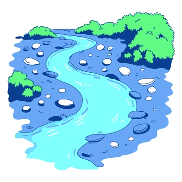 A blue river flows gently through the scene, with smooth, rounded stones arranged in intricate patterns along the banks. The stones create beautiful "ahki" illustrations that depict various natural elements. Some stones are larger, serving as focal points in the design, while smaller pebbles fill the spaces in between. Lush green vegetation borders the river, adding a vibrant contrast to the blue water and the earthy tones of the stones. The sunlight glimmers on the surface of the river, enhancing the overall tranquil atmosphere of the scene.