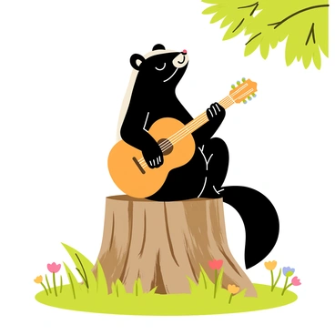 A skunk with black and white fur is sitting on a textured tree stump. The skunk has its eyes closed and is focused on playing a brown acoustic guitar. The guitar is resting on the stump, and the skunk's tiny paws are positioned on the strings, strumming gently. Around the stump, there are patches of green grass and small wildflowers, adding color to the scene. Sunlight filters through the leaves of nearby trees, casting soft shadows on the skunk and the stump.