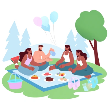 A diverse group of friends is gathered on a picnic blanket in the park, surrounded by vibrant green grass and colorful picnic baskets. One friend is holding a large slice of watermelon, while another is pouring drinks from a thermos. There are plates filled with various fruits and snacks laid out on the blanket. Balloons in different pastel colors are tied to a nearby tree. In the background, there are tall trees and a clear blue sky creating a cheerful atmosphere.