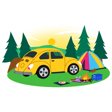 A bright yellow Beetle car is parked on a grassy area at a campsite. Next to the car, a colorful striped tent is pitched, with one corner slightly flapping in the gentle breeze. Surrounding the campsite, tall pine trees provide a backdrop, and the sun is setting, casting a warm golden glow over the scene. A small campfire with flames is crackling nearby, and a few logs are placed around it for seating. A blue cooler and a picnic blanket with some snacks are set out on the grass, completing the cozy campsite atmosphere.