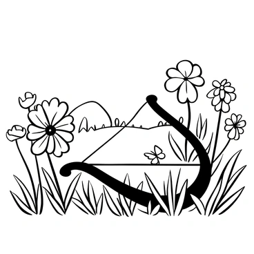 A tranquil scene of a crossbow resting among flowers in a vibrant meadow.