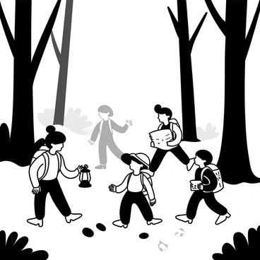 A group of children with backpacks walking through a foggy forest, each holding a map and a lantern. One child is crouched down, examining a footprint on the ground, while another points to a tree with markings. The fog envelops the tall trees, creating a mysterious atmosphere. In the background, silhouettes of more trees can be seen fading into the mist. A trail of clues, like colored ribbons and small signs, leads deeper into the forest.