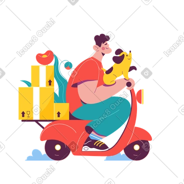 Man with dog delivering parcels on moped animated illustration in GIF, Lottie (JSON), AE