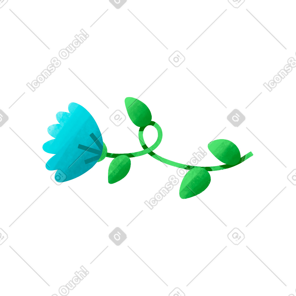 Decorative flower stem with blossom and green leaf cluster illustrazione in stile Bonbon scarica in PNG, SVG
