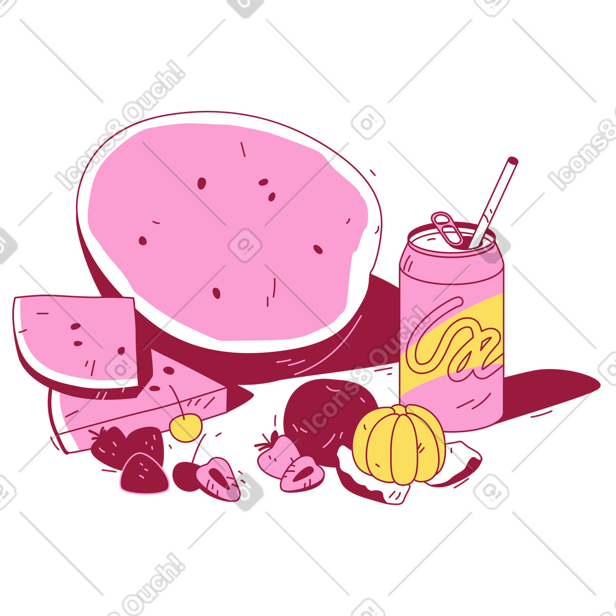 Flavors of summer: soda can and fruits illustration in Storyline style download in PNG, SVG