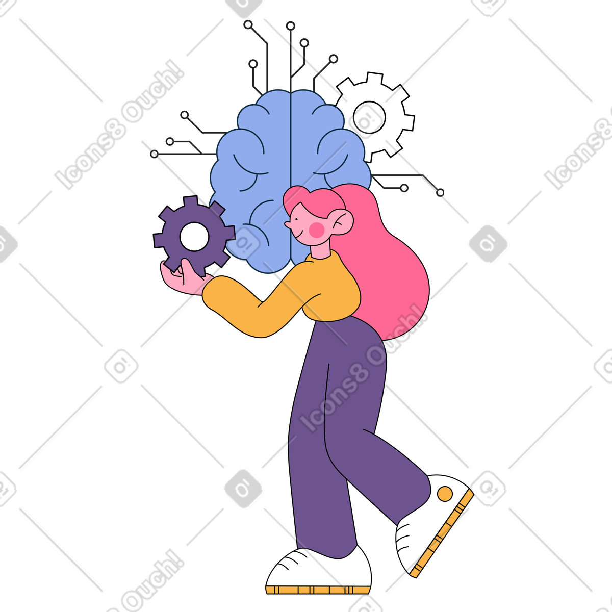 Donna e cervello di intelligenza artificiale illustrazione in stile Bloom scarica in PNG, SVG
