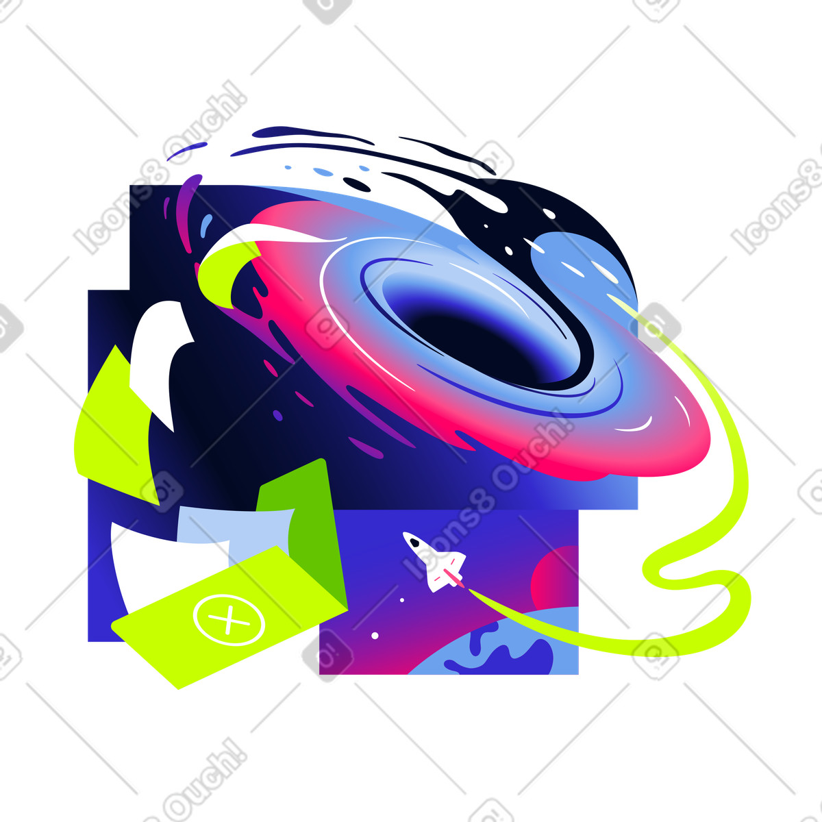 Ilustración Agujero negro chupando papel de la carpeta y nave espacial pasando volando en estilo Space a descargar en PNG SVG