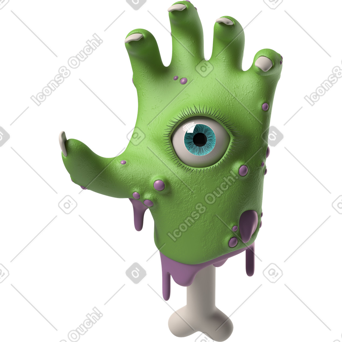 Ilustração de Mão zumbi verde com um olho na palma em no estilo 3D Hands Fun&Wild para baixar em PNG, SVG