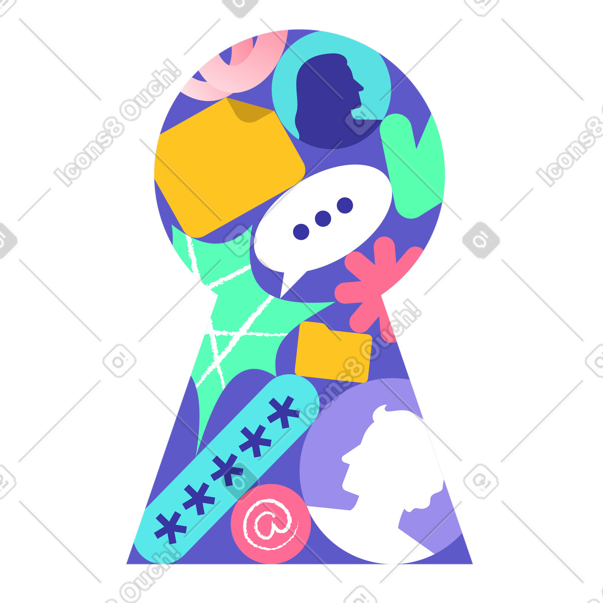 Ilustración Ojo de cerradura lleno datos usuario, ciberseguridad y seguridad la información personal en estilo Bright a descargar en PNG SVG