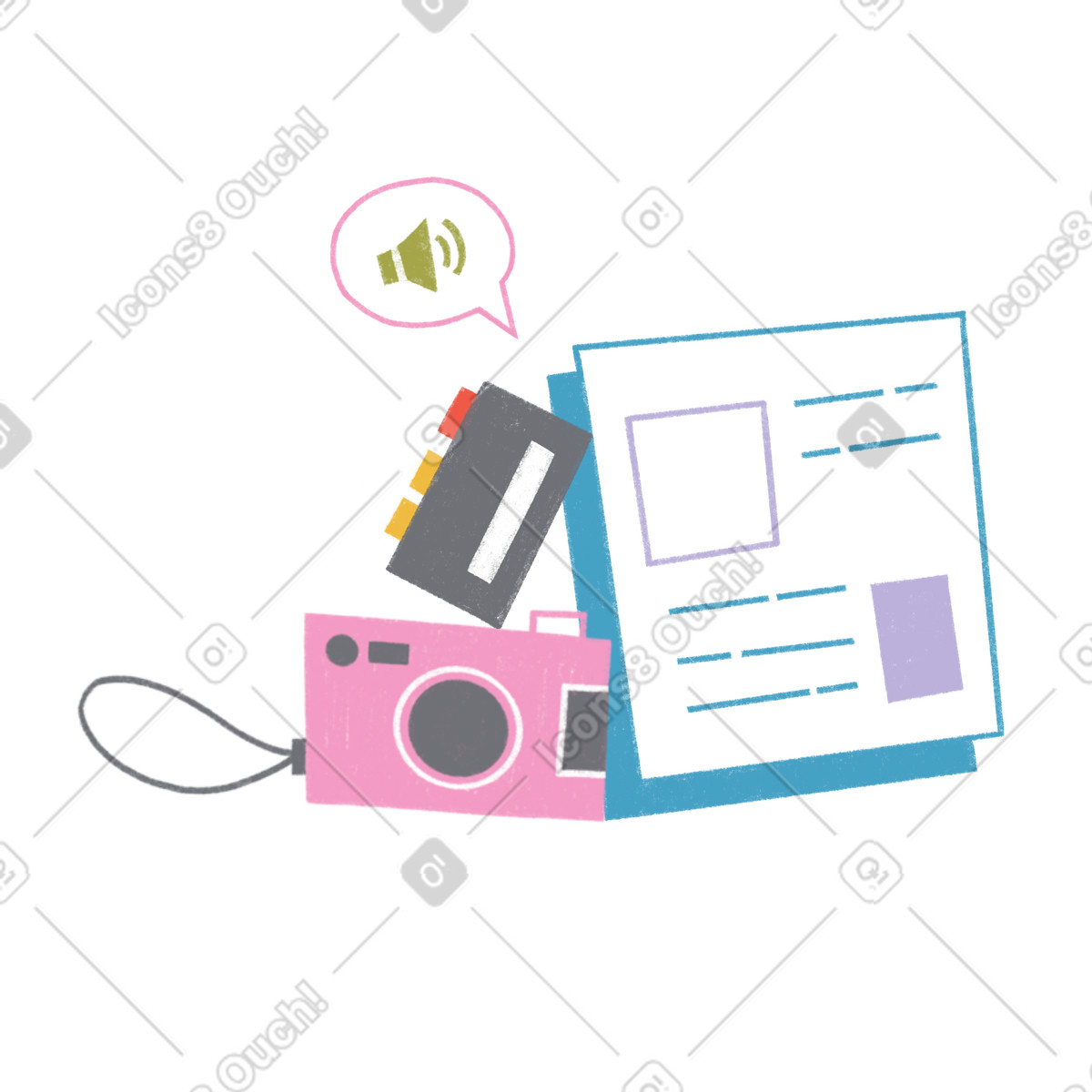 Newspaper, voice recorder and camera illustrazione in stile Tutti scarica in PNG, SVG