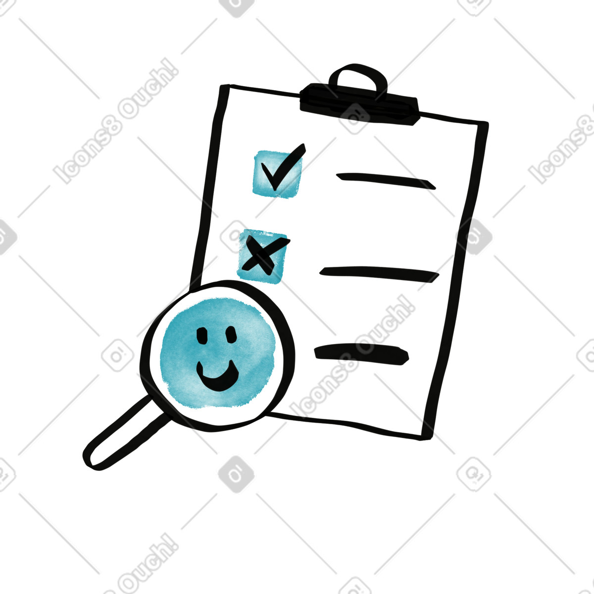 Ilustração de Survey checklist clipboard with magnifying glass and smiley face icon em no estilo Watercolor sketch para baixar em PNG, SVG