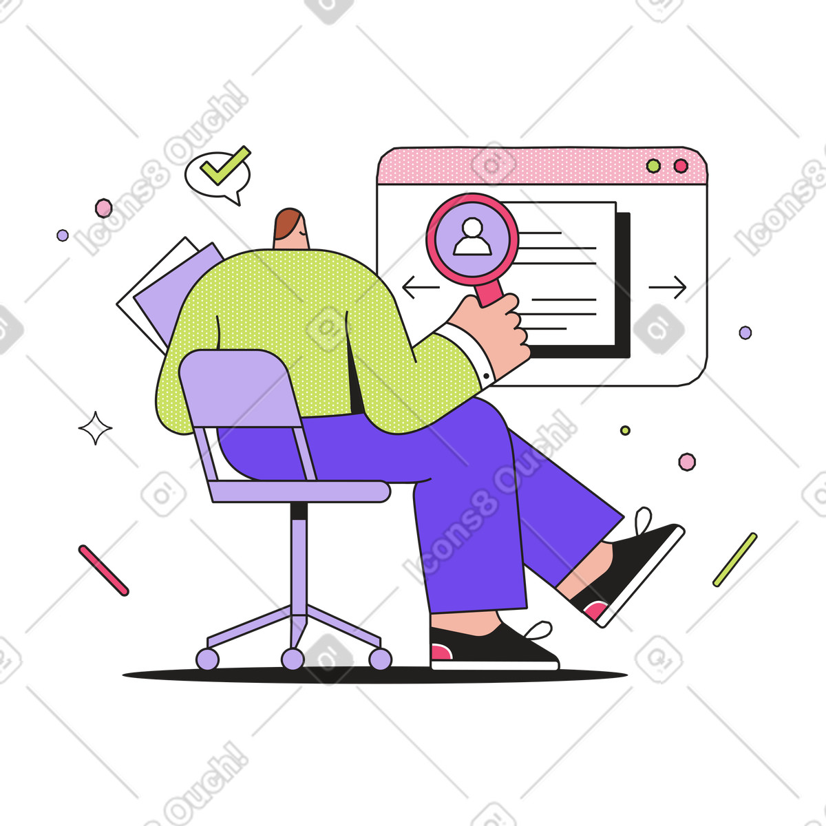 HR with magnifying glass examining CVs, Employee selection or talent acquisition animated illustration in Dazzle style download in GIF, Lottie (JSON), AE