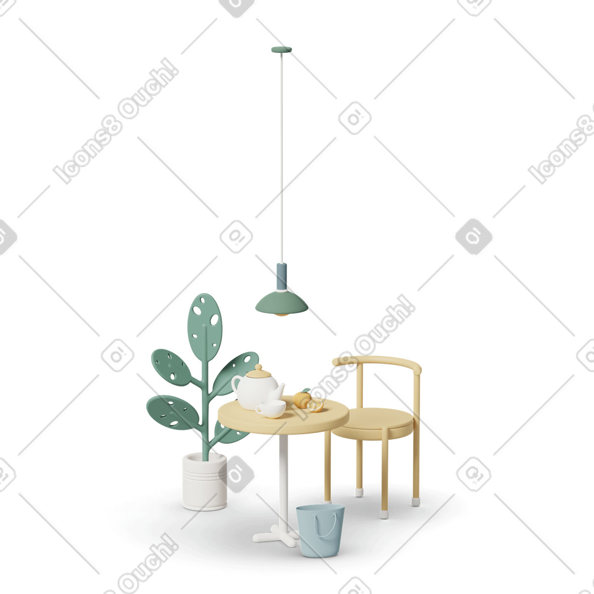 Kitchen interior with plant lamp table chair bucket and teaset illustration in 3D Casual life style download in PNG, SVG