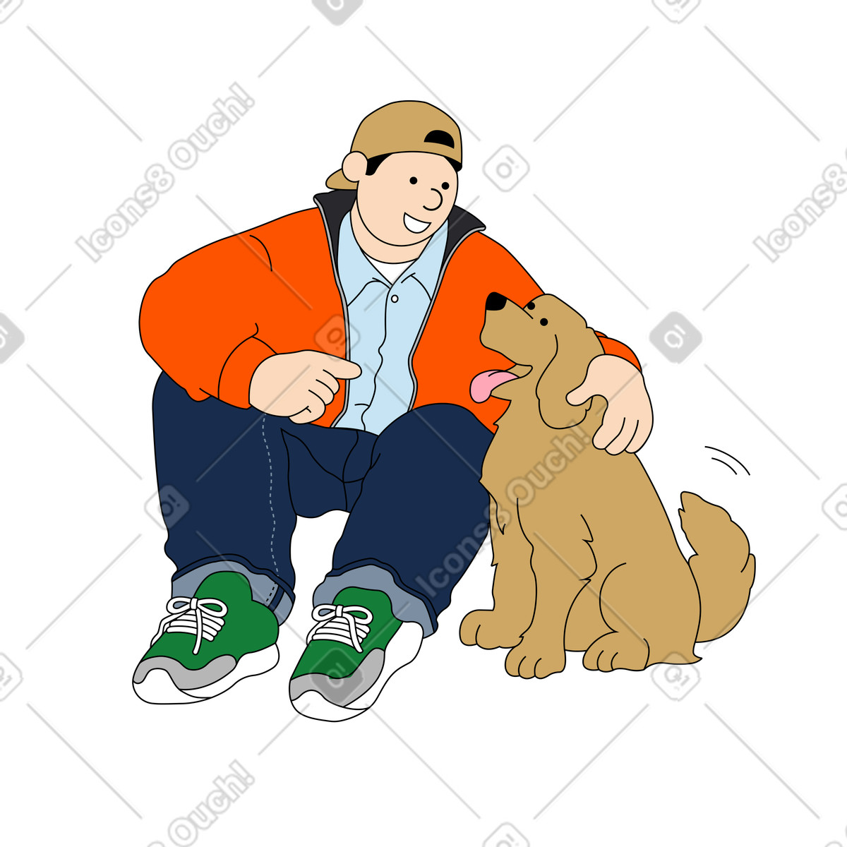 Ilustración Joven sentado y abrazando a un perro en estilo Kindy descargar en PNG SVG