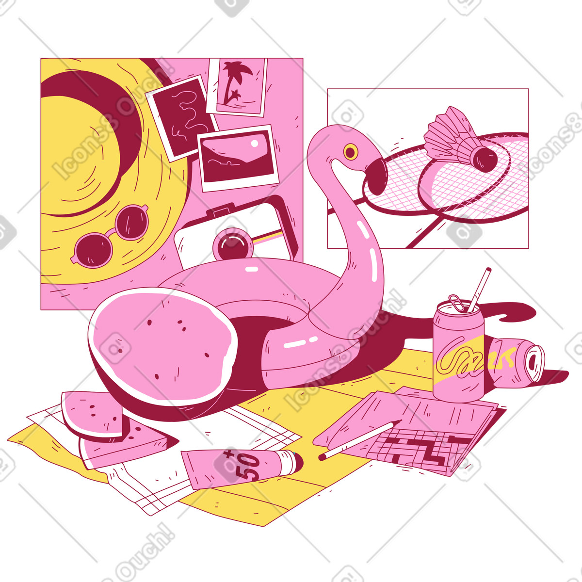 Ilustração de Estética verão, praia, melancia e flutuador flamingo em no estilo Storyline para baixar em PNG, SVG