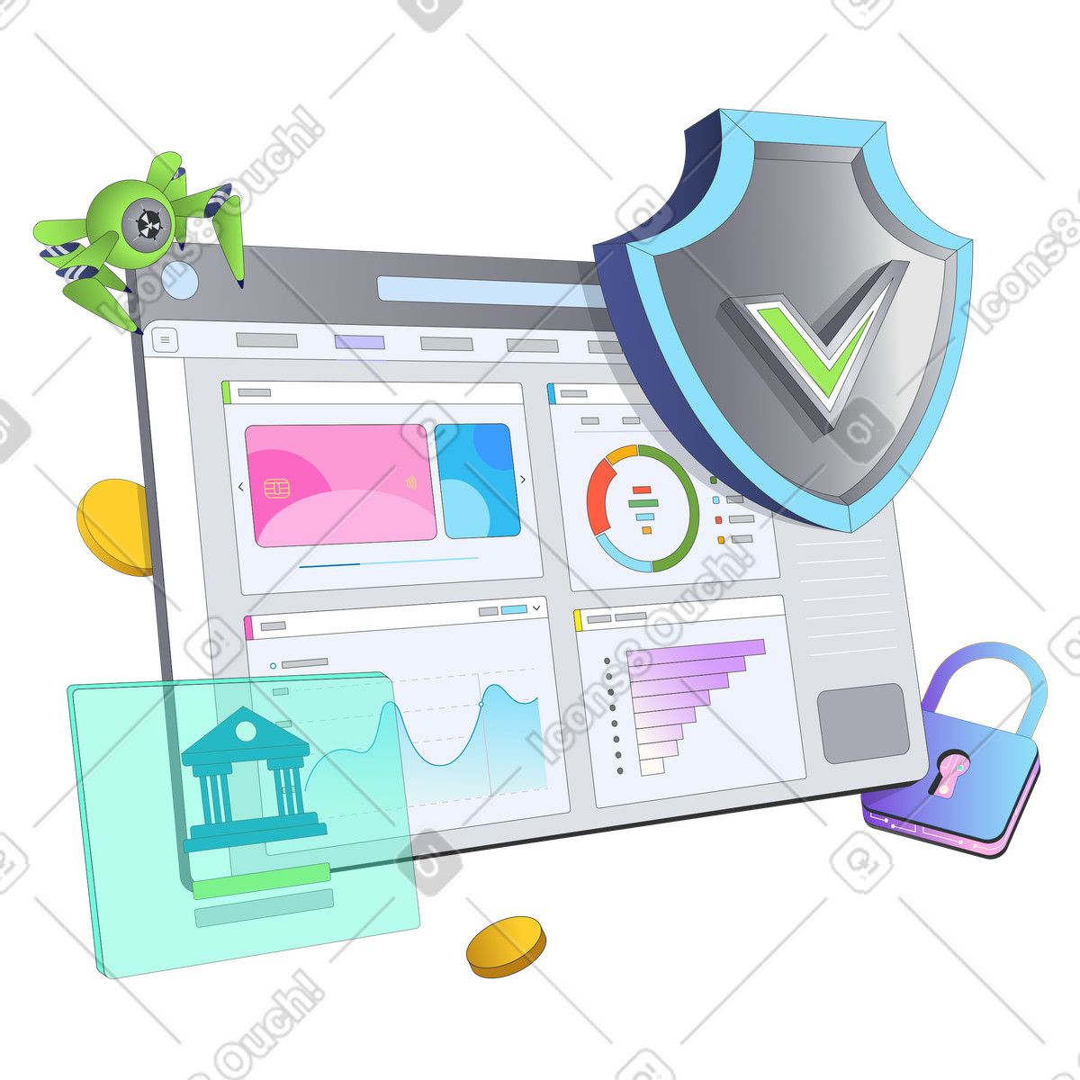 Ilustração de Gerenciamento bancário e financeiro on-line seguro em no estilo Kit para baixar em PNG, SVG