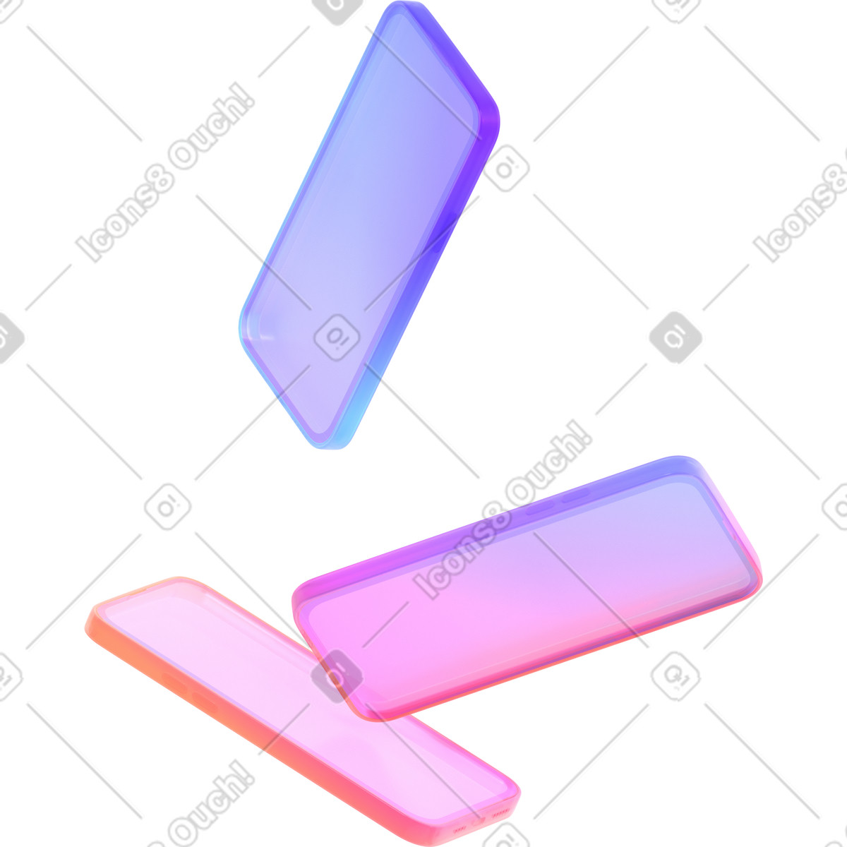 Three gradient smartphones illustrazione in stile 3D Glassy scarica in PNG, SVG