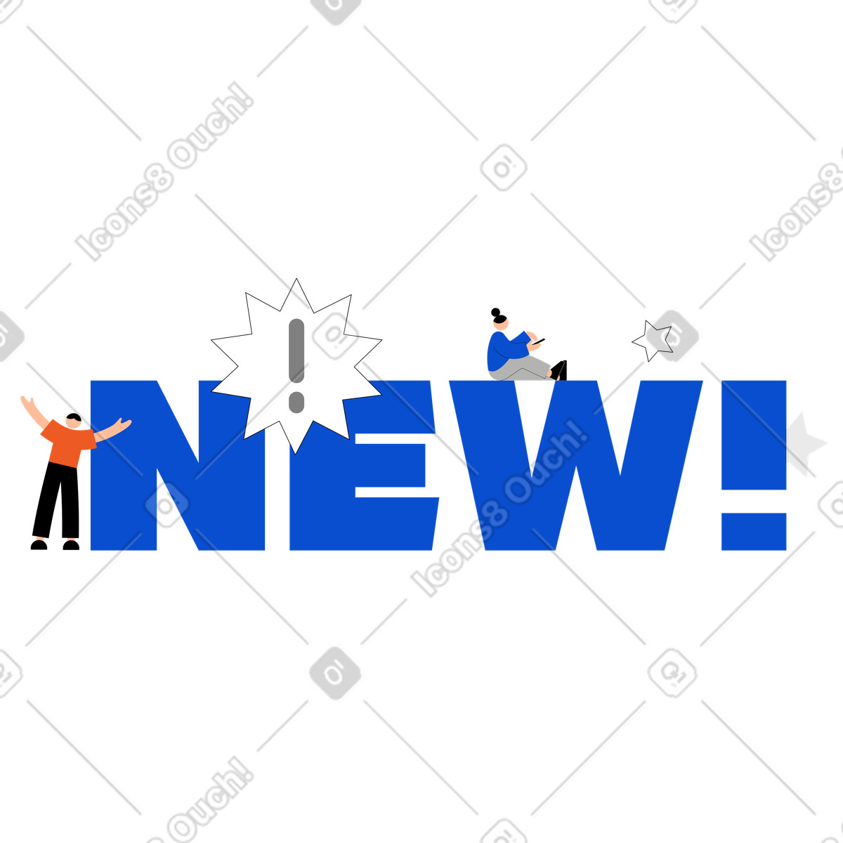 Ilustración Letras nuevas con signo de exclamación y texto dos personas en estilo Tiny a descargar en PNG SVG