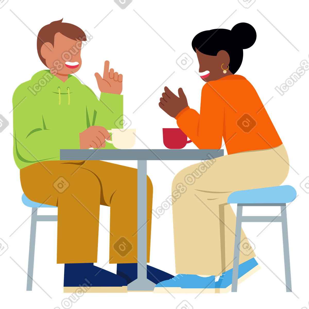Uomo e donna conversano amichevolmente davanti a un caffè illustrazione in stile Catchy scarica in PNG, SVG
