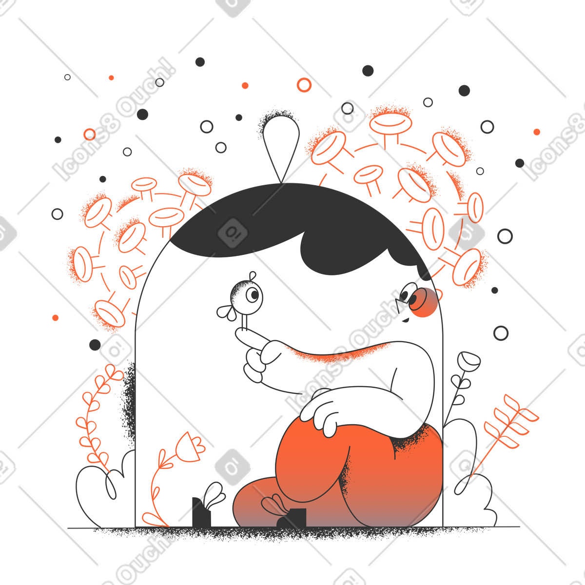 Woman sitting in enclosure protected from viruses illustration Crayon style download PNG, SVG