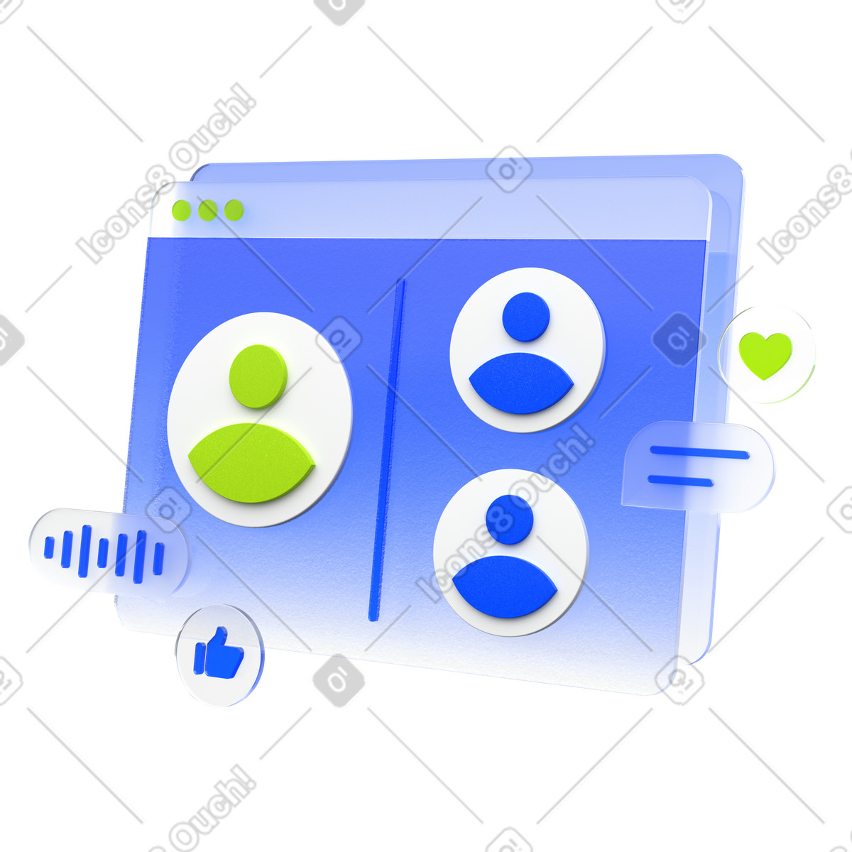Video conference interface, Participant avatars, Collaboration dashboard illustration in 3D Enterprise style download in PNG, SVG