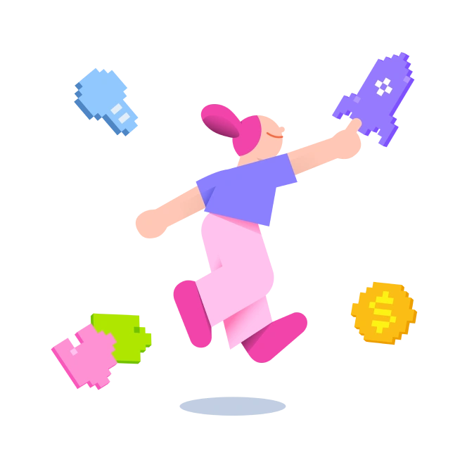 A character jumping with colorful pixelated objects - 8bit style illustration