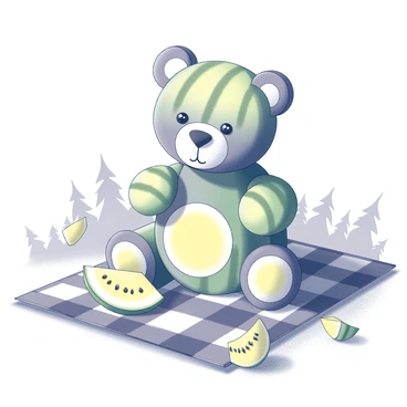 A cute teddy bear made of melon pieces, sitting on a picnic blanket.