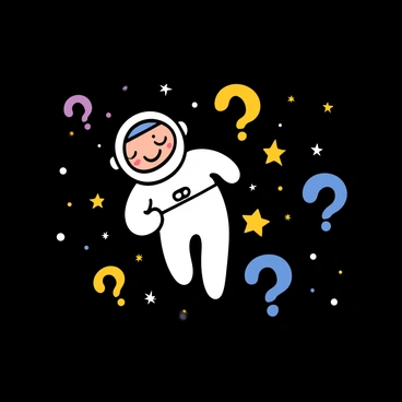An astronaut with a light skin tone and a white space suit is floating in space. The astronaut has a clear visor on their helmet, reflecting distant stars. Surrounding the astronaut are numerous bright stars twinkling against the dark backdrop of space, along with several large question marks, some in yellow and others in blue, floating nearby. The scene captures the sense of isolation and curiosity in the vastness of the universe.